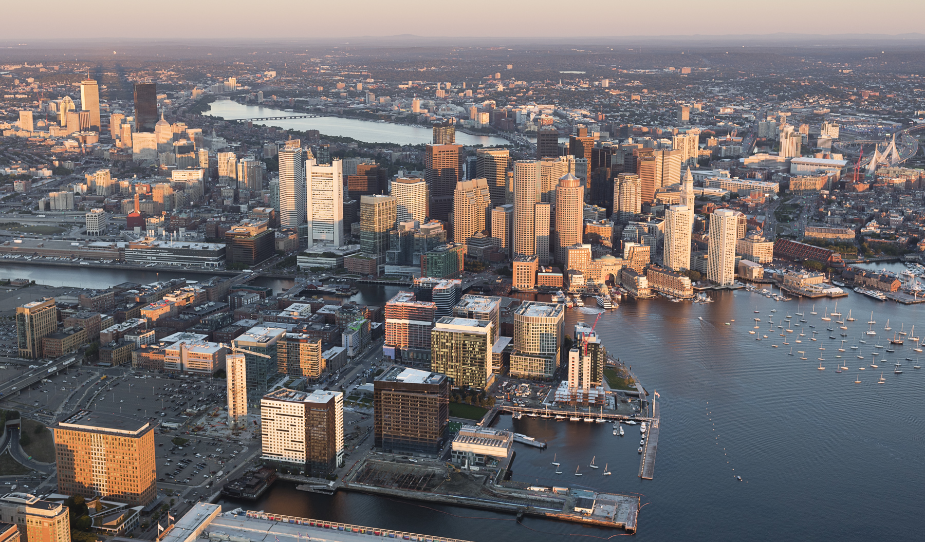 Boston Seaport aerial view sunrise 