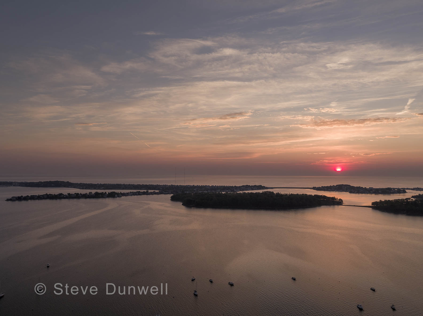 Sunrise aerial, Hull, MA view towards Nantasket Beach